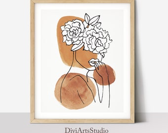 Head of flowers Art Print, One line art, Flower Line Art Print, Minimalist line art, Women Illustration Print