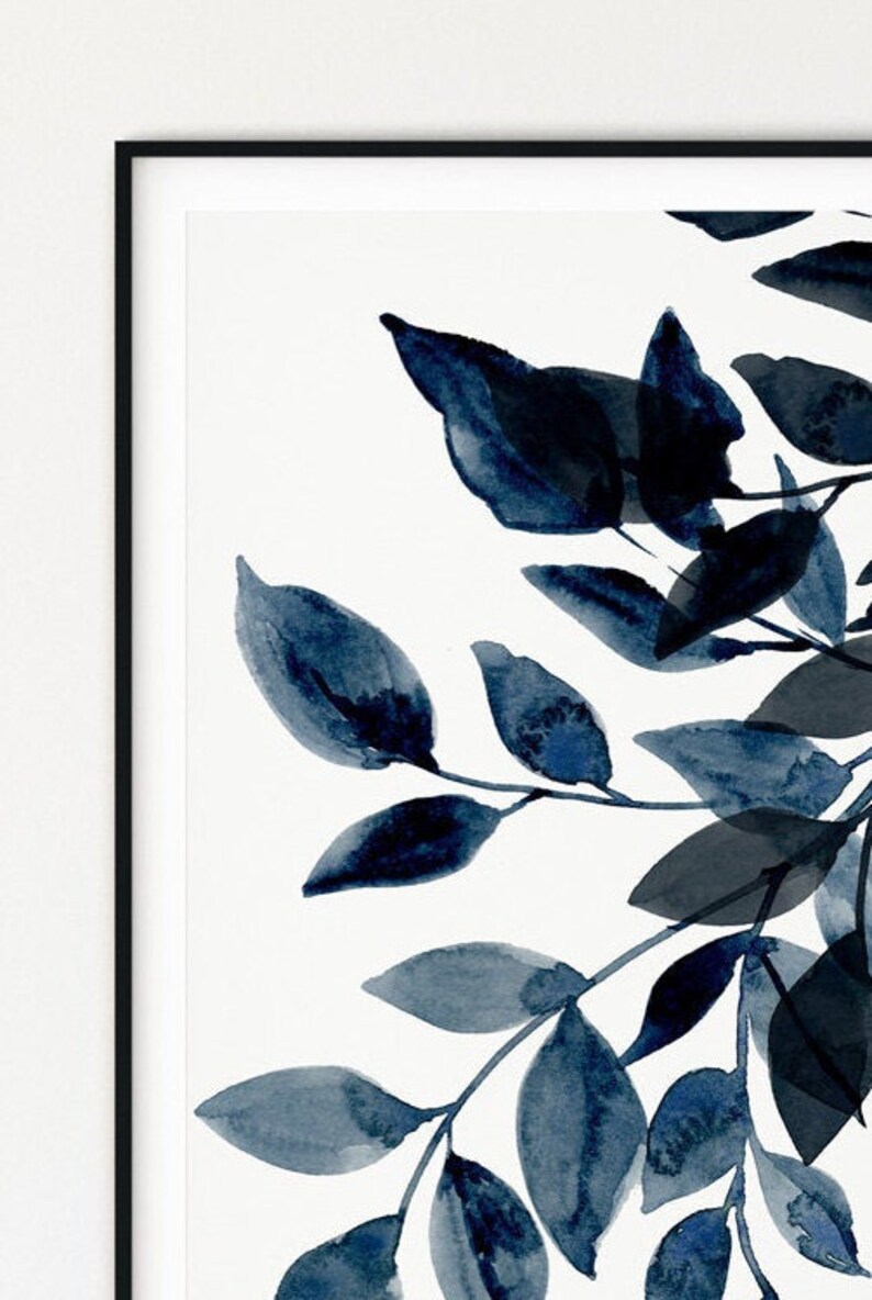 May include: A watercolor painting of a branch with blue leaves on a white background. The leaves are painted in a loose, abstract style, giving the painting a modern and minimalist feel.