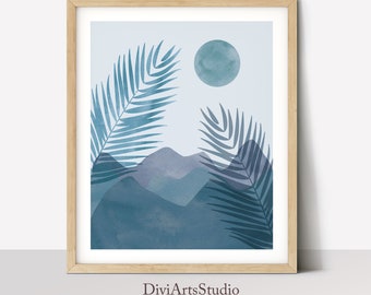 Blue Landscape Wall Art, Modern Mid Century Print, Abstract Landscape Print, Bathroom art print, Minimalist Wall decor, blue mountain poster