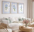 Blue Hydrangea Print, Set of 3 hydrangeas, Stripes Coastal Decor, Trendy Grand millennial Wall Art, Watercolour Floral Living room Painting