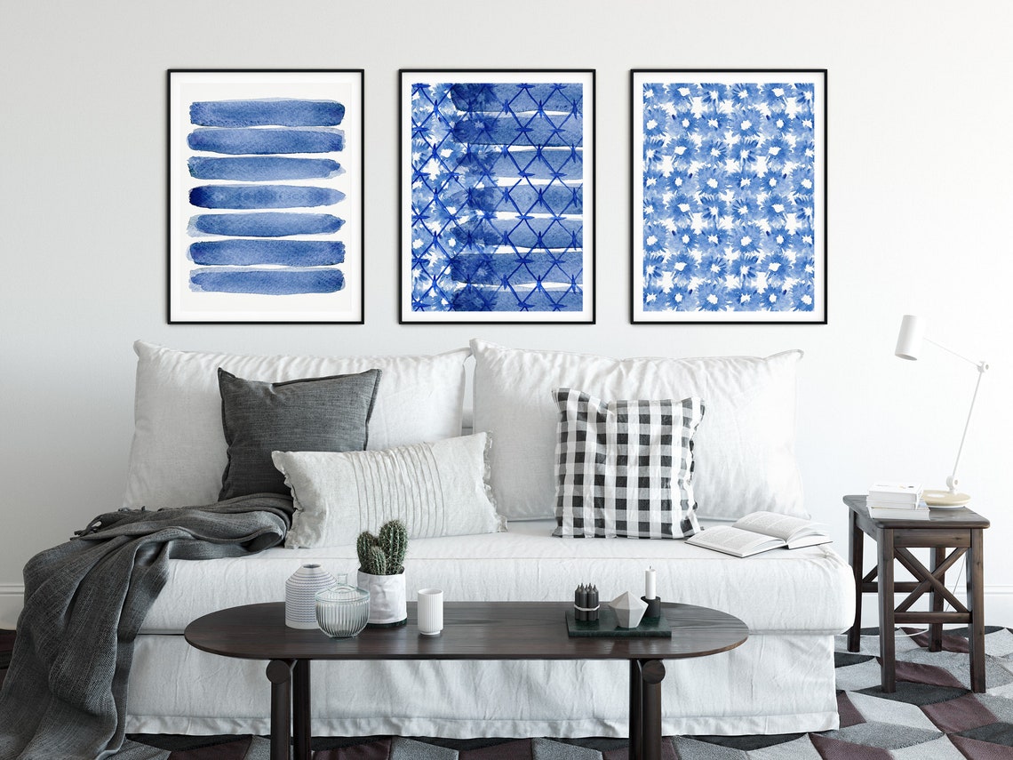 Shibori Wall Art Set of 3 Abstract Blue Wall Art Prints Etsy