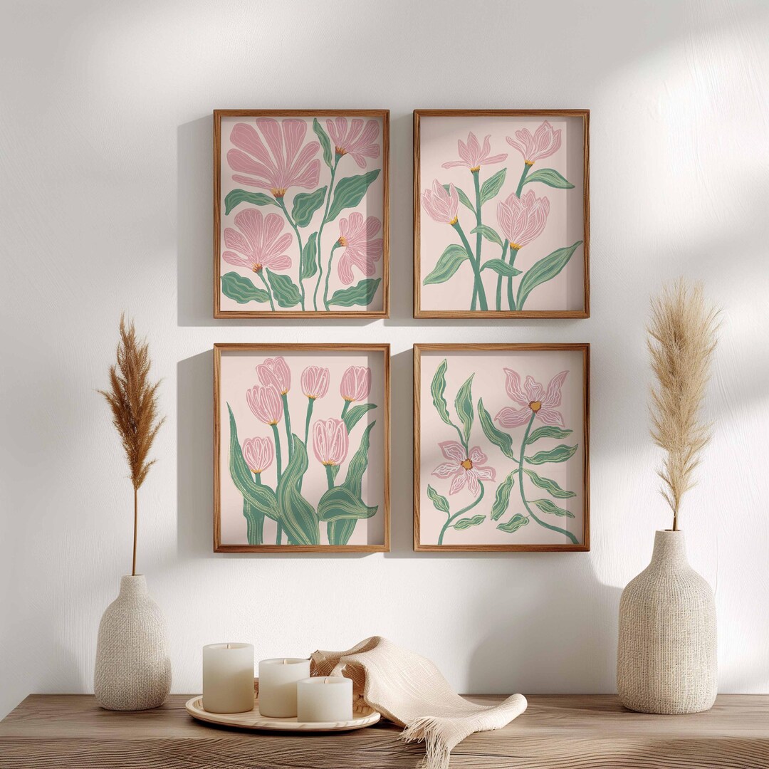 Pink and Green Wall Art, Set of 4 Boho Floral Abstract Print ...