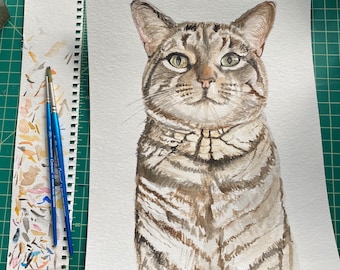 Custom Cat Painting, Handpainted Cat PORTRAIT WATERCOLOR, Handmade Pet Portrait Cat Gift, pet loss art, cat gifts