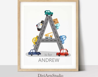 Auto-Kinderzimmer, Fahrzeuge Name Kunst, Bau Kinderzimmer Initial Print, personalisierte Fahrzeug Kinderzimmer Dekor, Jungen Zimmer Kunst zum Ausdrucken