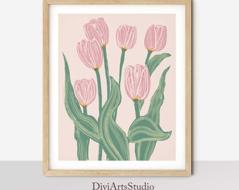 Mid Century Floral, Modern Flower Art Print, Tulips Wall Art, Large modern floral art, Tulip Illustration