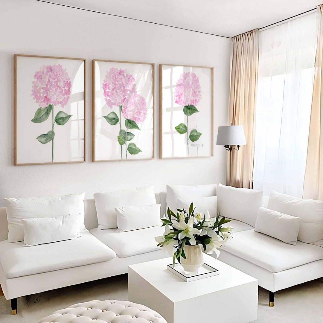 Pink Hydrangea Print Set, Pink Botanical Flowers Set of 3, Watercolour ...