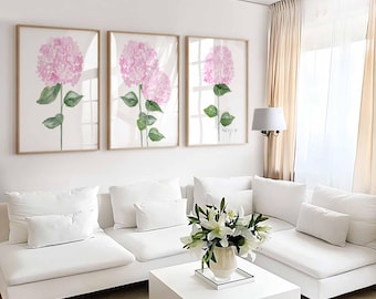 Ensemble d'impression rose d'hortensia, lot de 3 fleurs botaniques roses, peinture hortensia aquarelle, art mural hortensia, décoration murale hortensia rose
