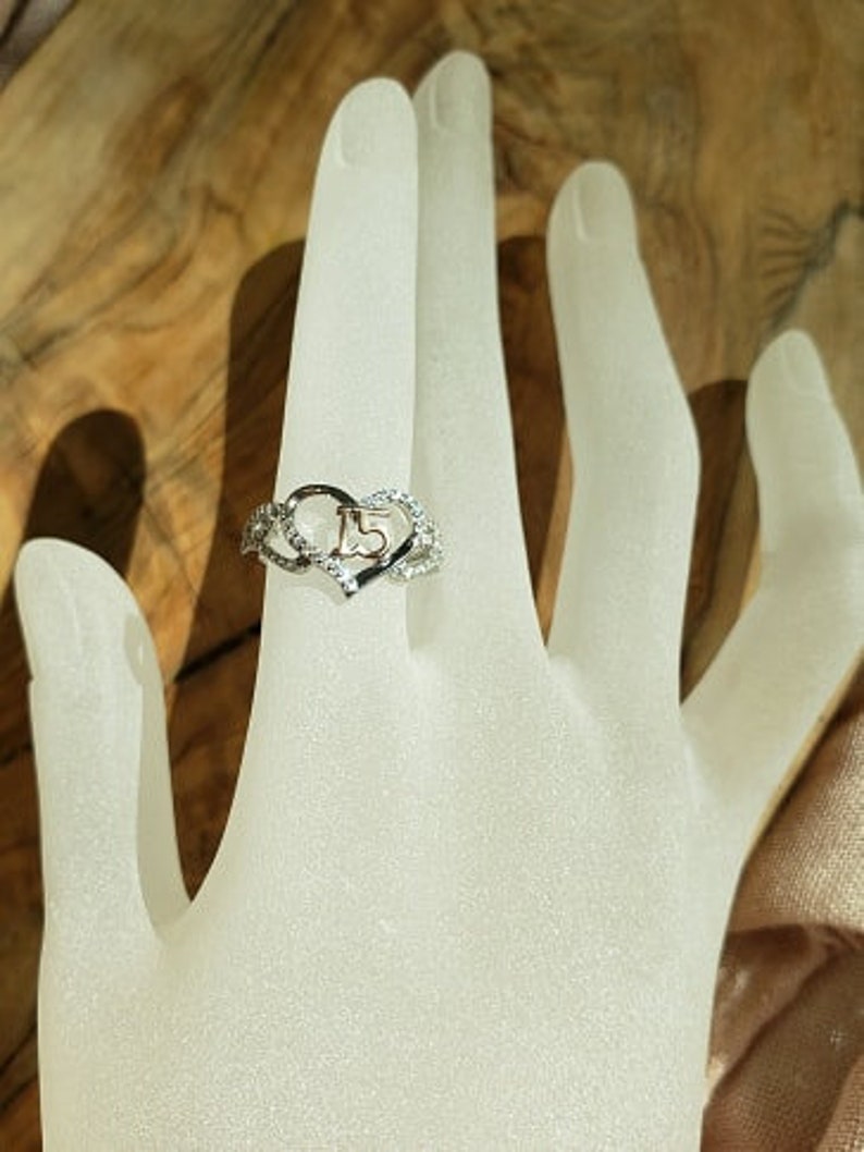 925 Sterling Silver /& CZ Ring,15th Birthday Ring,15th Anniversary Ring,15 Ring,Heart Ring,Silver and Gold Ring,Crystal Heart Ring,Women Ring