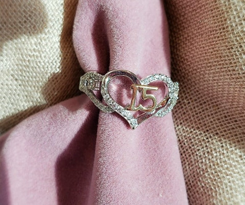 925 Sterling Silver /& CZ Ring,15th Birthday Ring,15th Anniversary Ring,15 Ring,Heart Ring,Silver and Gold Ring,Crystal Heart Ring,Women Ring