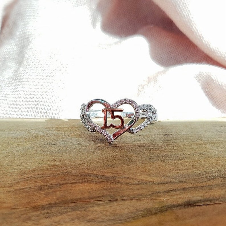 925 Sterling Silver /& CZ Ring,15th Birthday Ring,15th Anniversary Ring,15 Ring,Heart Ring,Silver and Gold Ring,Crystal Heart Ring,Women Ring
