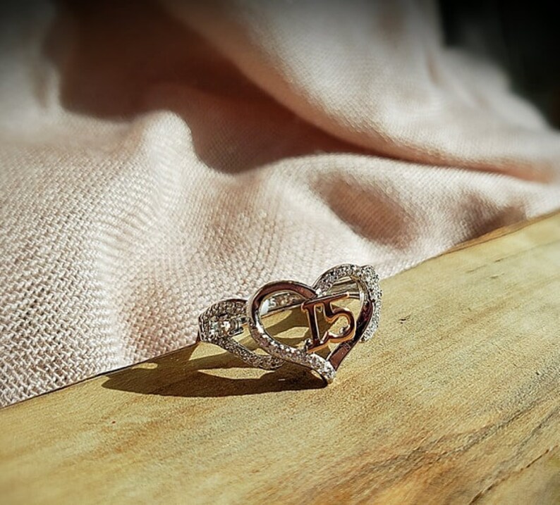 925 Sterling Silver /& CZ Ring,15th Birthday Ring,15th Anniversary Ring,15 Ring,Heart Ring,Silver and Gold Ring,Crystal Heart Ring,Women Ring