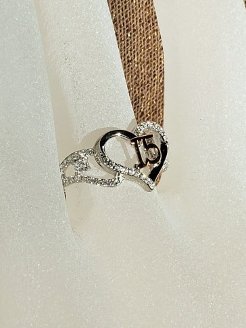 925 Sterling Silver /& CZ Ring,15th Birthday Ring,15th Anniversary Ring,15 Ring,Heart Ring,Silver and Gold Ring,Crystal Heart Ring,Women Ring