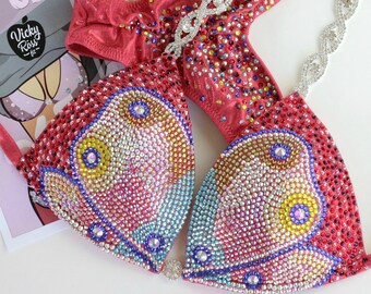 Butterfly Red Glam Fitness Designer NPC IFBB Competition Bikini Suit by Vicky Ross Fit| Brazilian Scrunch Bottom Bikinis | Crystal Suit