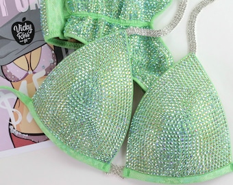 Lime Green Aqua  Bodybuilding Competition Bikini Posing Suit for Women by Vicky Ross Fit | NPC IFBB Fitness Crystals Competition Bikini