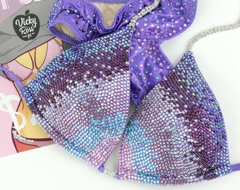 Lavender Ombre Deluxe Fitness Competition Bikini for Women by Vicky Ross Fit | Crystal Handmade Designer Bikini | Rhinestone Connectors