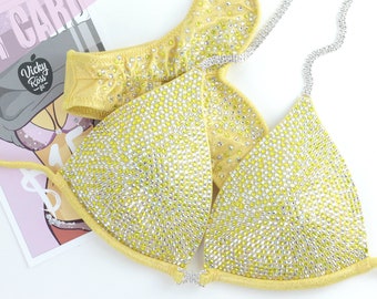 Yellow Citrine Scatter Handmade Competition Bikini for Women by Vicky Ross Fit | Rhinestone Connectors | NPC IFBB Crystal Competition Suit