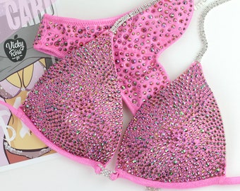 Hot Pink Antique Full Scatter Competition Bikini Posing Suit by Vicky Ross Fit | Fitness Competition Suit | NPC IFBB UKBFF Crystal Suit