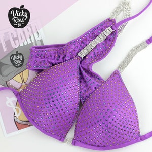 Purple Volcano with Crystal Trim NPC IFBB Crystal Competition Suit for Women by Vicky Ross Fit | Scrunch Bikini Posing Suit | Fitness Suit
