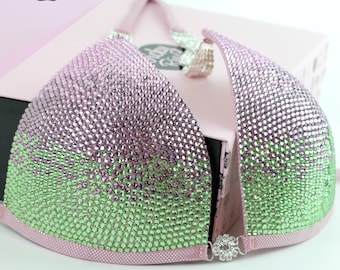 Pink Lime Green Ombre Competition Bikini Posing Suit for Women by Vicky Ross Fit | NPC IFBB UKBFF Crystal Competition Suit | Scrunch  Bikini