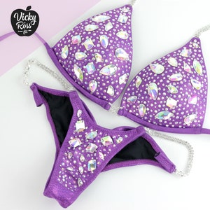 Diamond Diva AB Purple Bodybuilding Competition Bikini Posing Suit for Women by Vicky Ross Fit | NPC IFBB Fitness Crystal Competition Bikini