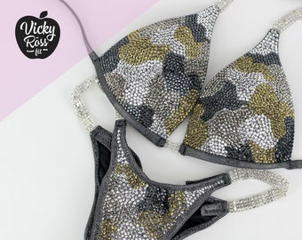 Camouflage Black Sparkling Crystal Bikini for Women by Vicky Ross Fit | Fitness Competition Bikini | Designer Crystal Bikin | NPC IFBB Suit