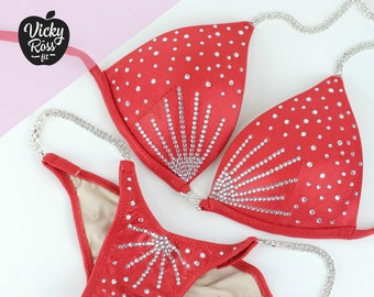 Red Competition Bikini Suit by Vicky Ross Fit | Crystal NPC IFBB Posing Bikini | Fitness Bodybuilding Red Star Bikini