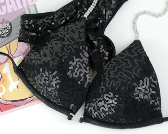 Black Sequin Posing Bikini for Women by Vicky Ross Fit | Rhinestone Connectors | NPC Competition Suit | Handmade Fitness Competition Bikini