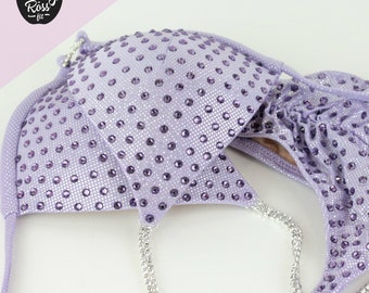 Periwinkle Purple Fitness Bodybuilding Competition Bikini by Vicky Ross Fit | Handmade Competition Bikini for Women  | Rhinestone Connectors