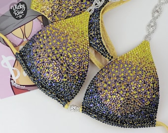 Yellow Ombre Competition Bikini by Vicky Ross Fit | Diamond Deluxe Competition Bikini | Fitness NPC IFBB Bikini Suit | Crystal Posing Bikini