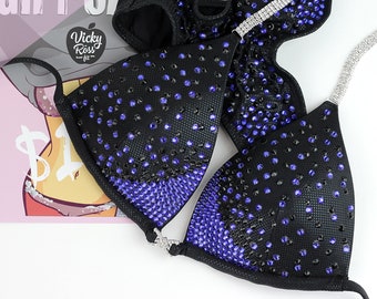 Black/Blue Edge Fitness Bikini by Vicky Ross Fit | Competition Bikini Suit | NPC IFBB Crystal Posing Suit | Bodybuilding Designer Bikini