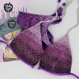 Purple Ombre Competition Bikini Suit by Vicky Ross Fit | Diamond Deluxe Bikini | Crystal Competition Suit for Women | NPC IFBB Fitness Suit
