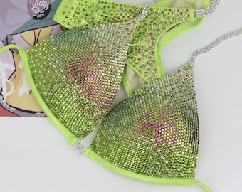 Neon Yellow Ombre Competition Bikini Suit by Vicky Ross Fit | Diamond Deluxe Competition Bikini | Fitness NPC IFBB Crystal Posing Bikini