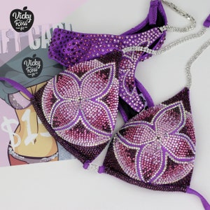 Competition Bikini NPC IFBB Fitness Suit for Women by Vicky Ross Fit | Fully Crystallized Purple Floral Bikini Design | Bodybuilding Bikini
