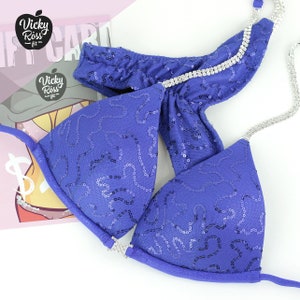 Royal Blue Sequin Competition Bikini for Women by Vicky Ross Fit | Fitness Posing Bikini | Rhinestone Connectors | NPC Competition Suit