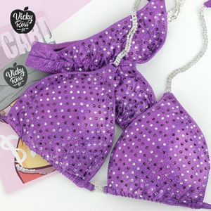 Purple Pro Competition Bikini Suit by Vicky Ross Fit | Fitness NPC IFBB WBFF Crystal Posing Suit | Rhinestone Connector | Scrunch Bikini