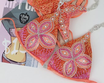 Competition Fitness NPC IFBB Bikini Suit for Women by Vicky Ross Fit | Full Crystallized Orange Theory Floral Bikini Design | Fitness Bikini