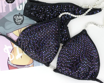 Retro Blue Competition Bikini Suit for Women by Vicky Ross Fit | Fully Crystallized NPC IFBB Pro Bikini | Fitness Competition Crystal Bikini