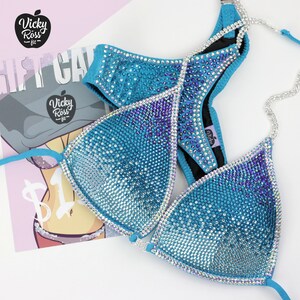 Bikini Competition Suit NPC OCB WBFF | Purple Blue Ombre Fitness Bikini with Rhinestone Bikini Connectors | Crystal Fitness Designer Suit