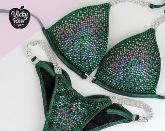 Fitness Green Volcano Competition Bikini by Vicky Ross Fit | Bodybuilding Competition Bikini Suit | Crystals Bikini | Fitness Posing Bikini