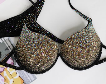 Stage Ready Bikini Suits by Vicky Ross Fit | Gold Competition Bikini | NPC IFBB WBFF Bikini Suit with Bikini Connectors | Fitness Bikini