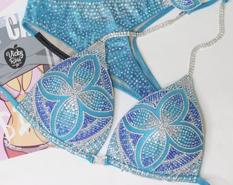 Floral Turquiose Blue Figure Suit by Vicky Ross Fit | NPC IFBB Fitness Bikini | Crystal Fitness Bikini Suit | Fitness Bikini Bodybuilding