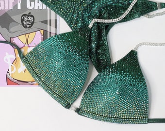 Dark Green Competition Bikini NPC OCB WBFF by Vicky Ross Fit | Crystal Fitness Designer Bikini Suit |  Custom Posing Competition Bikini