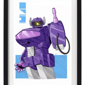 May include: A purple robot with a yellow eye and a pink antenna. The robot is standing on a blue and white background.
