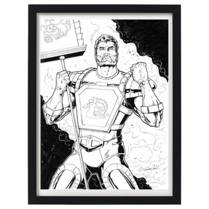 Puede incluir: Ilustración en blanco y negro enmarcada de una figura musculosa con armadura, sosteniendo una lanza y apretando un puño. La figura tiene un escudo con un emblema de dragón. La obra de arte está detallada con sombreado y líneas, sobre un fondo oscuro.