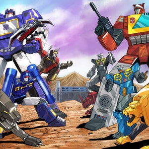 May include: A group of six Transformers robots, including Optimus Prime, Megatron, Bumblebee, Starscream, Soundwave, and Ironhide, are posed in a battle scene. The robots are all in their robot forms and are standing on a rocky surface. The background is a cloudy sky.