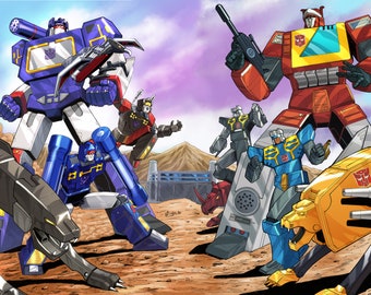 May include: A group of six Transformers robots, including Optimus Prime, Megatron, Bumblebee, Starscream, Soundwave, and Ironhide, are posed in a battle scene. The robots are all in their robot forms and are standing on a rocky surface. The background is a cloudy sky.