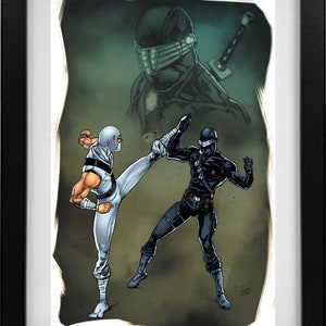 May include: A black and white illustration of two ninjas fighting. The ninja on the left is wearing a white suit and the ninja on the right is wearing a black suit. The background is a dark green color.