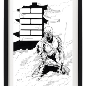 May include: Black and white line art illustration of a ninja warrior holding a sword, standing in front of a building with a pagoda roof. The ninja is wearing a mask and a suit of armor. The background is filled with clouds.