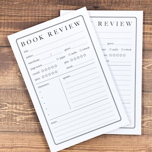 May include: Two blank book review forms with black text on white paper. The forms have sections for title, author, genre, start/finish, page count, overall rating, spicy rating, characters, quotes, and notes.