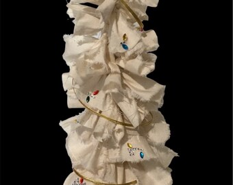 White Muslin Rag tree with colored stones and gold stars with gold braid, 12 inches tall